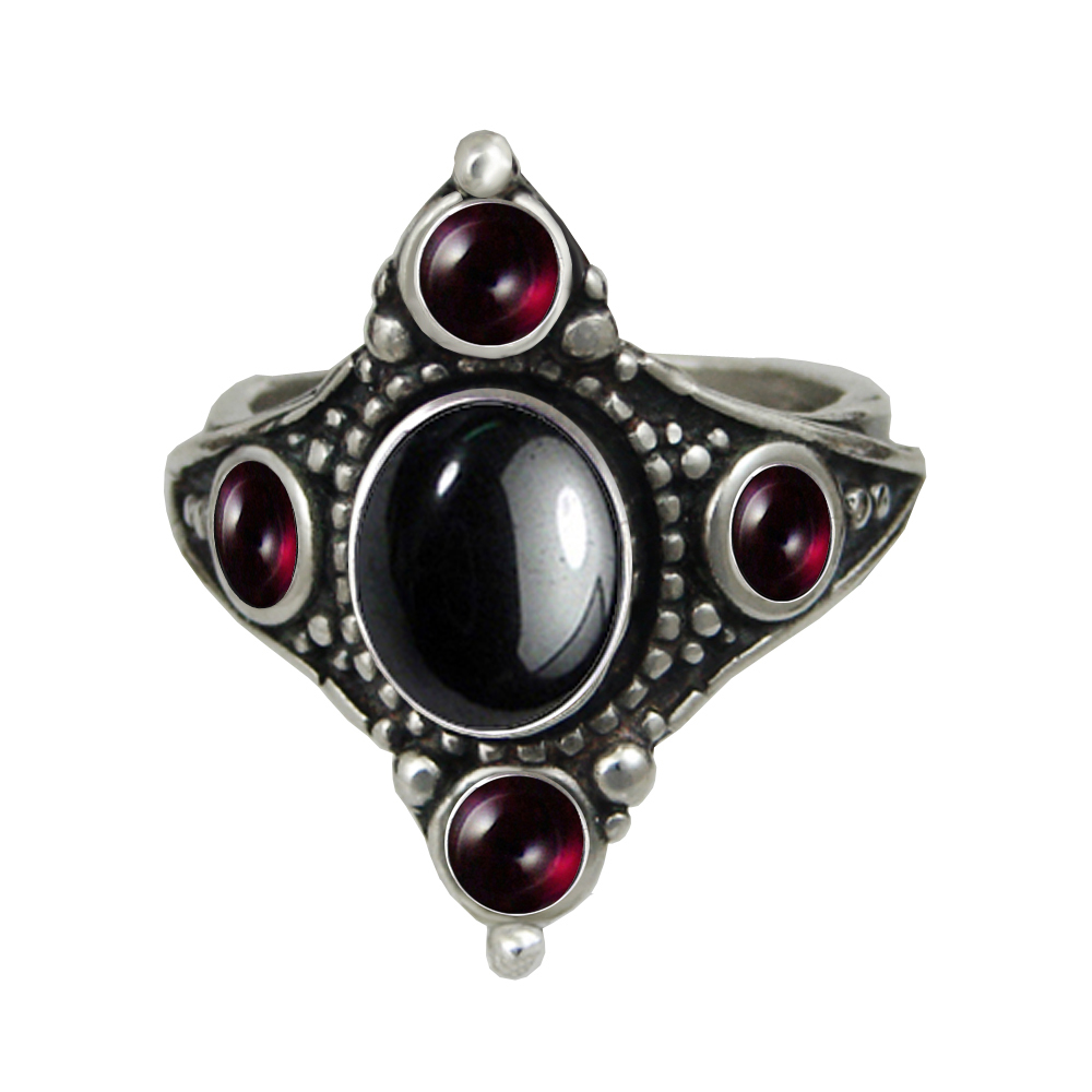Sterling Silver Renaissance Queen's Ring With Hematite And Garnet Size 10